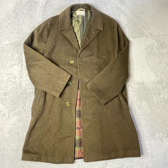 Vintage Pisa Italian Wool Coat Brown Plaid Lined Classic Overcoat Unisex Fit - Picture 16 of 16
